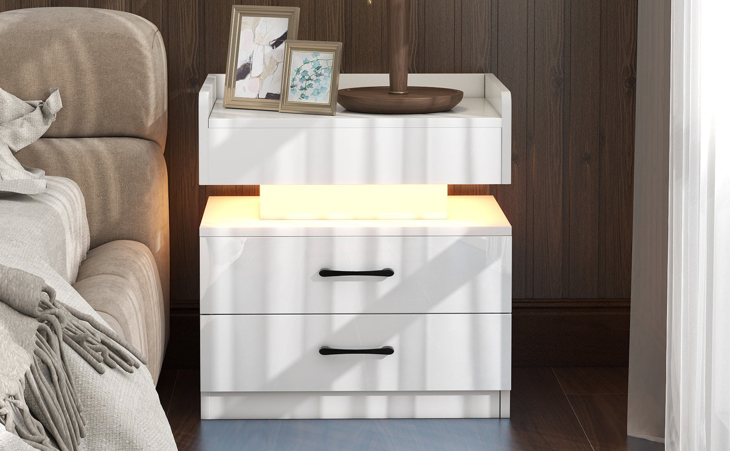 Nightstand with 2 Drawers,USB Charging Ports, Wireless Charging and Remote Control LED Light-White