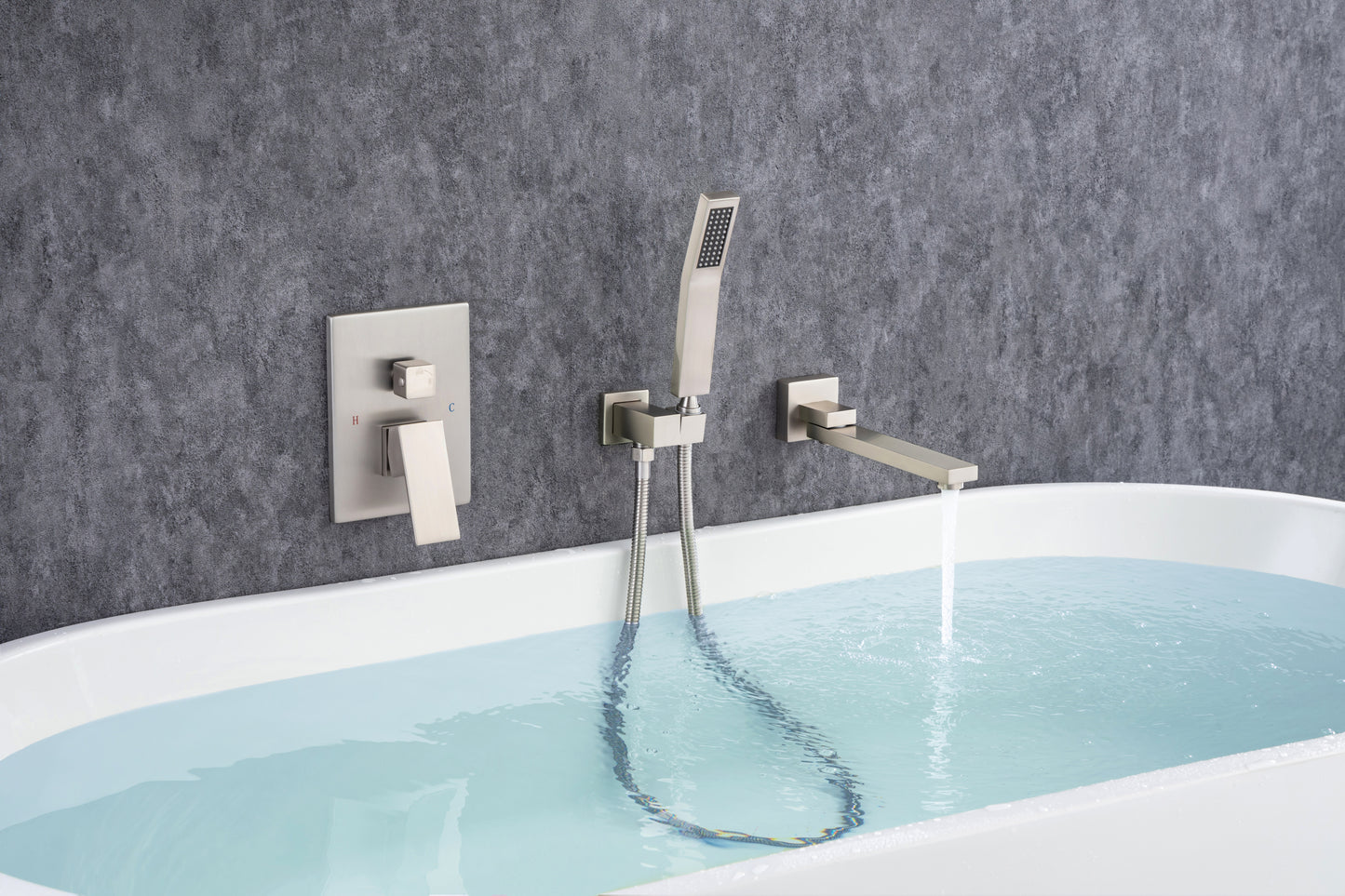Waterfall Wall Mounted Bathtub Faucet with Hand Shower Swivel Tub Filler Faucet Single Handle Solid Brass