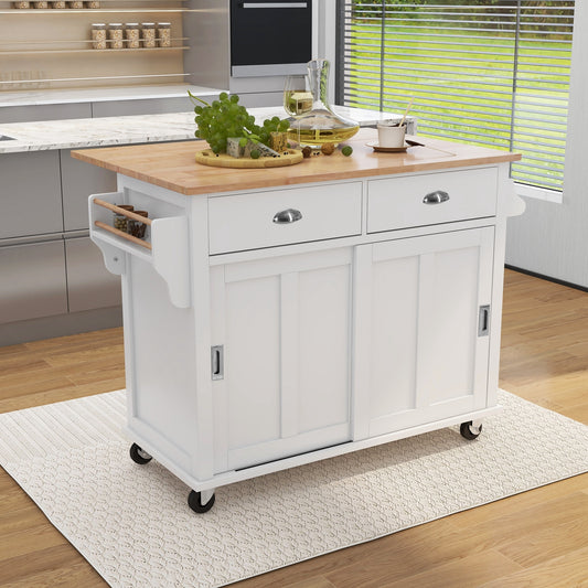 K&K Kitchen Cart with Rubber wood Drop-Leaf Countertop, Concealed sliding barn door adjustable height,Kitchen Island on 4 Wheels with Storage Cabinet and 2 Drawers,L52.2xW30.5xH36.6 inch, White