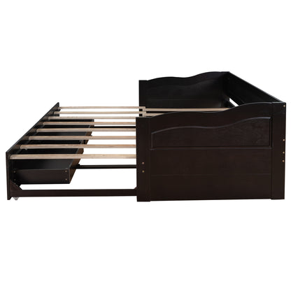 Wooden Daybed with Trundle Bed and Two Storage Drawers , Extendable Bed Daybed,Sofa Bed with Two Drawers, Espresso