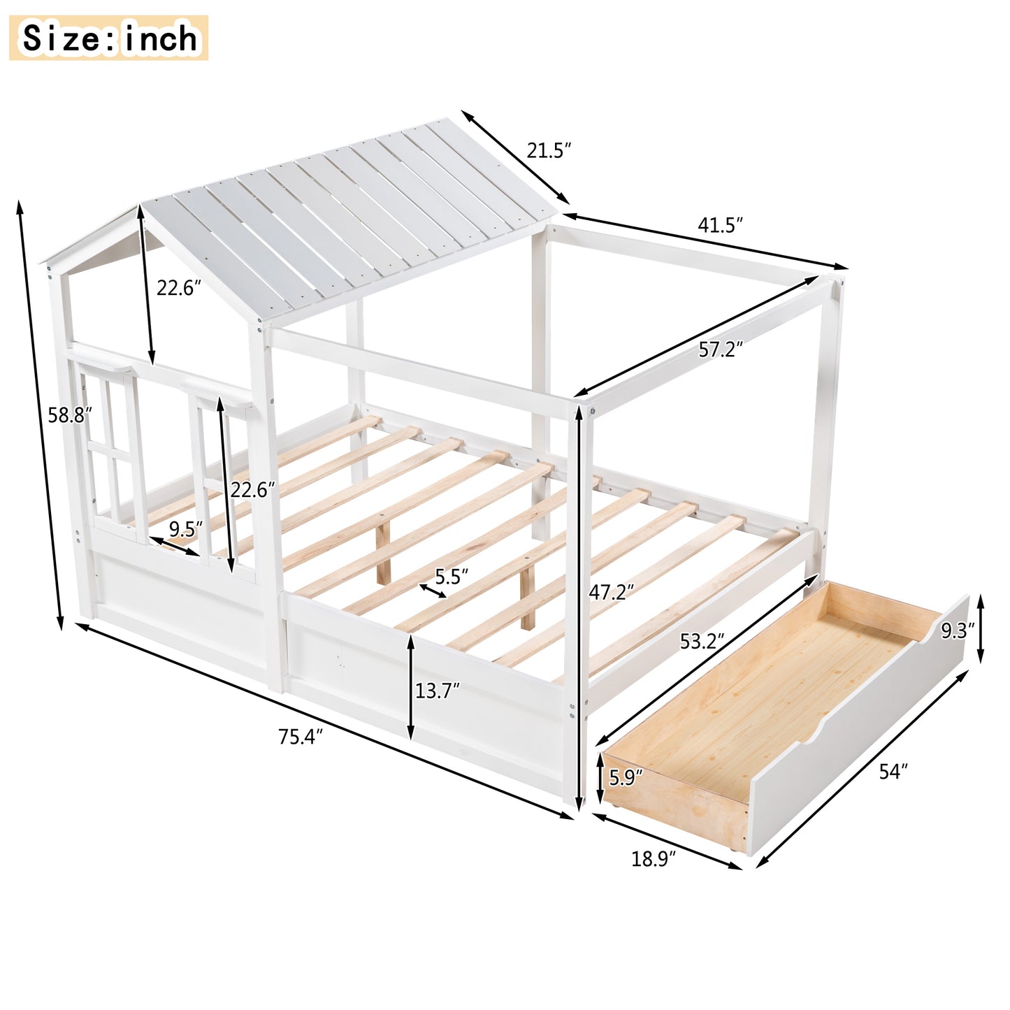 Full Size House Bed with Roof, Window and Drawer - White