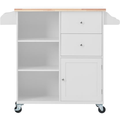 K&K Store Kitchen Cart on 4 Wheels with 2 Drawers and 3 Open Shelves, Kitchen Island with Rubber Wood top for Dinning Room, White