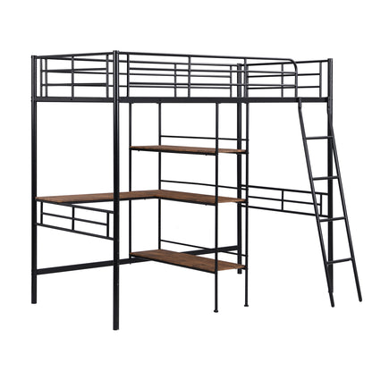 Twin Size Metal Loft Bed and Built-in Desk and Shelves,Black(OLD DKU:WF280270AAB)