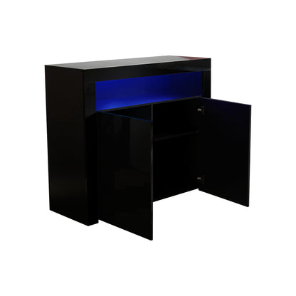 Living Room Sideboard Storage Cabinet Black High Gloss with LED Light, Modern Kitchen Unit Cupboard Buffet Wooden Storage Display Cabinet TV Stand with 2 Doors for Hallway Dining Room