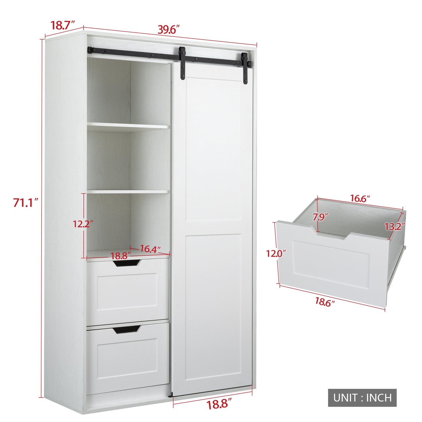 71-inch High wardrobe and cabinet , Clothes Locker，classic sliding barn door armoscope, locker, organizer for bedroom, cloakroom, living room,color： white