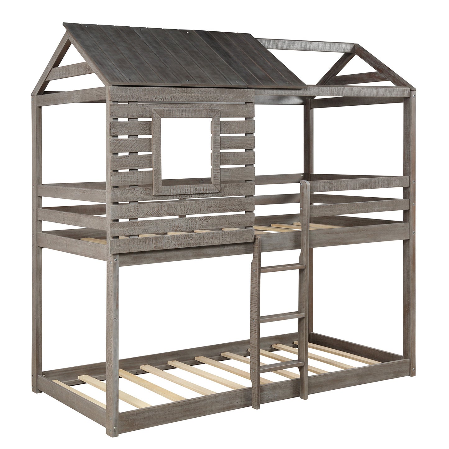 Twin Over Twin Bunk Bed Wood Loft Bed with Roof, Window, Guardrail, Ladder  ( Antique Gray )