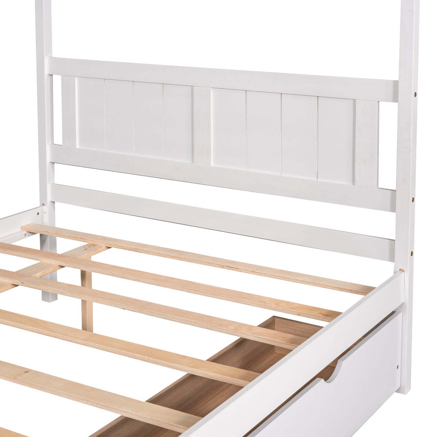 Full Size Canopy Platform Bed with Two Drawers,With Slat Support Leg,White