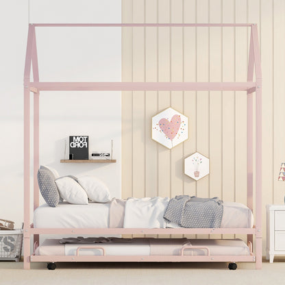 Twin Size Kids House Bed With Trundle, Metal House Bed Pink