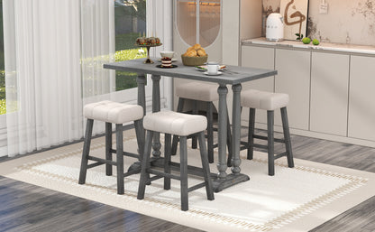 TREXM 5-Piece Dining Table Set, Counter Height Dining Furniture with a Rustic Table and 4 Upholstered Stools for Kitchen, Dining Room (Gray)