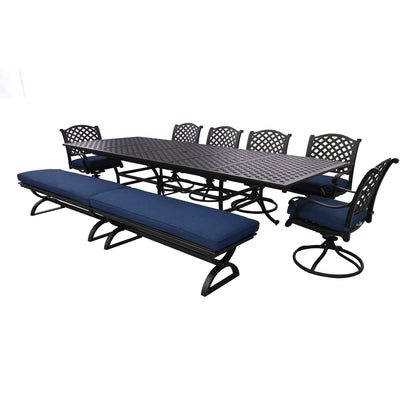 Rectangular 10 - Person 126.38" Long Aluminum Dining Set with Cushions, Navy Blue