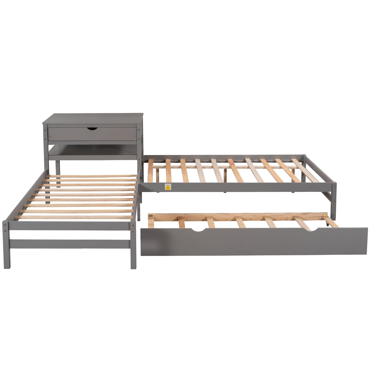 L-Shaped Full Size and Twin Size Platform Beds with Twin Size Trundle and Drawer Linked with Built-in Rectangle Table,Gray