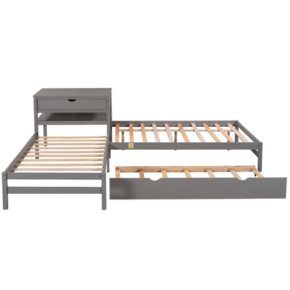 L-Shaped Full Size and Twin Size Platform Beds with Twin Size Trundle and Drawer Linked with Built-in Rectangle Table,Gray