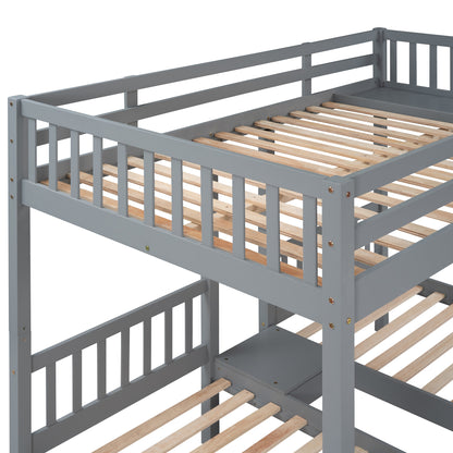 Full Over Twin & Twin Bunk Bed, Wood Triple Bunk Bed with Drawers and Guardrails  (Gray) （OLD SKU:LP000143AAE）