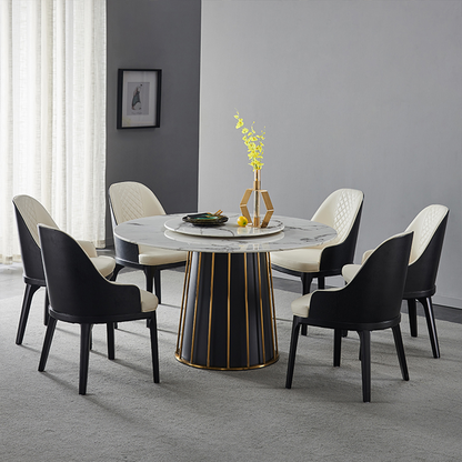 Modern White Round Marble Tabletop Dining Table with Lazy Susan, Black and Gold Leg, Dining Room Table for 6-8, 51"