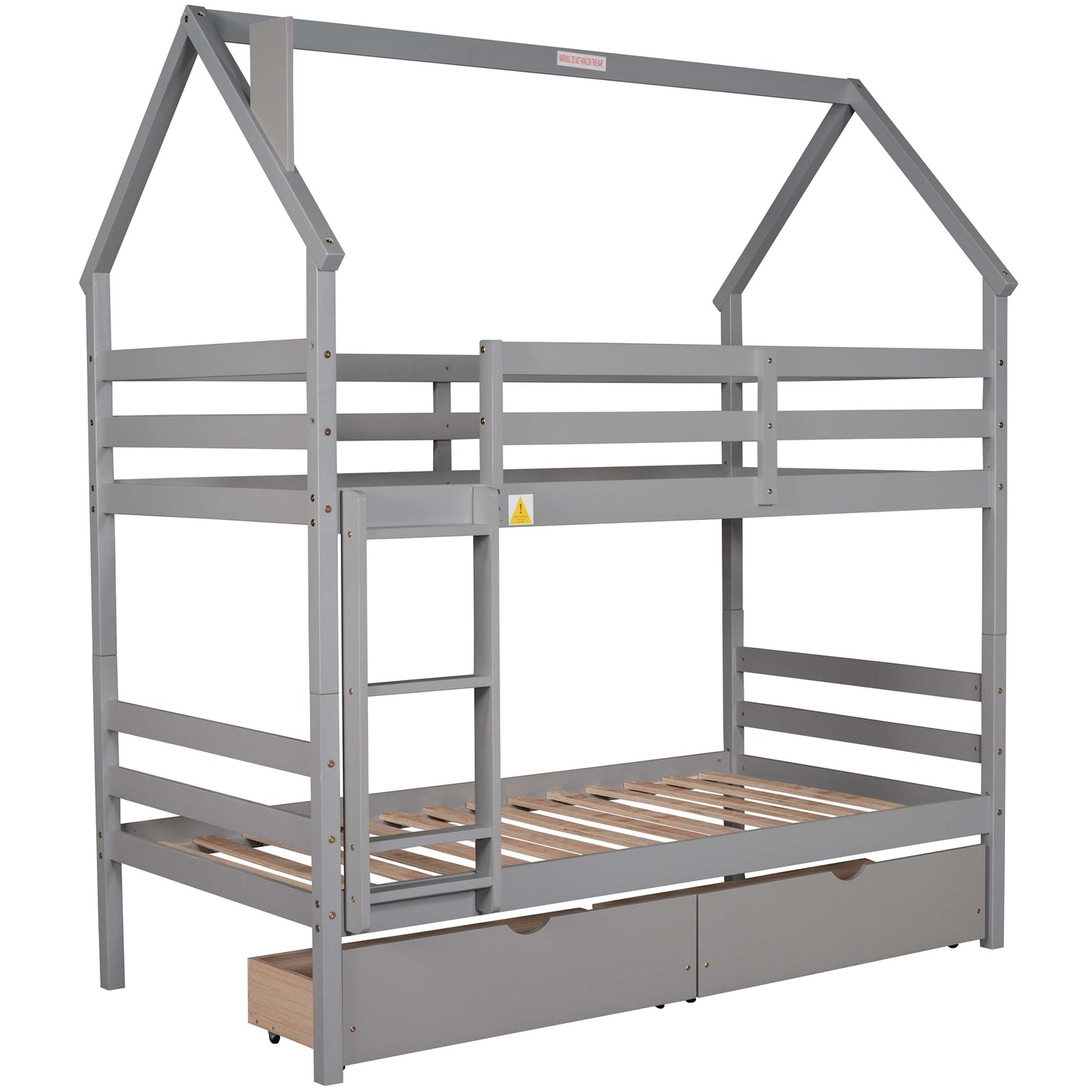 Twin over Twin House Bunk Bed with Two Drawers and Chimney Design,Gray