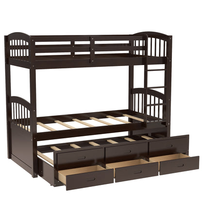 Twin over Twin Wood Bunk Bed with Trundle and Drawers, Espresso