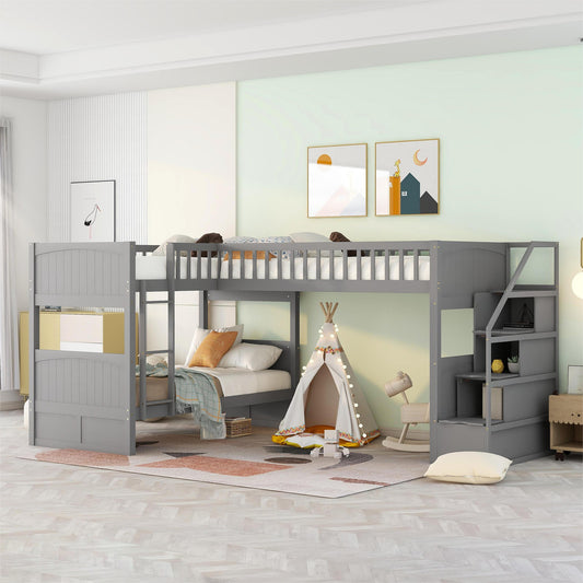 Twin over Twin Wooden L-Shaped Bunk Bed with Ladder and Stairway,Grey(OLD SKU:SM000303AAE-1)