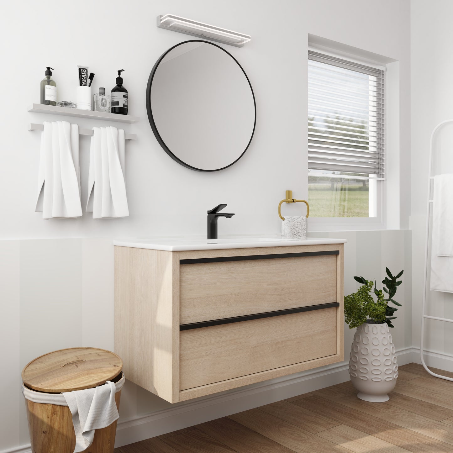 36" Floating Wall-Mounted Bathroom Vanity with  White Ceramic Rectangle Sink & 2 Soft Close Drawers