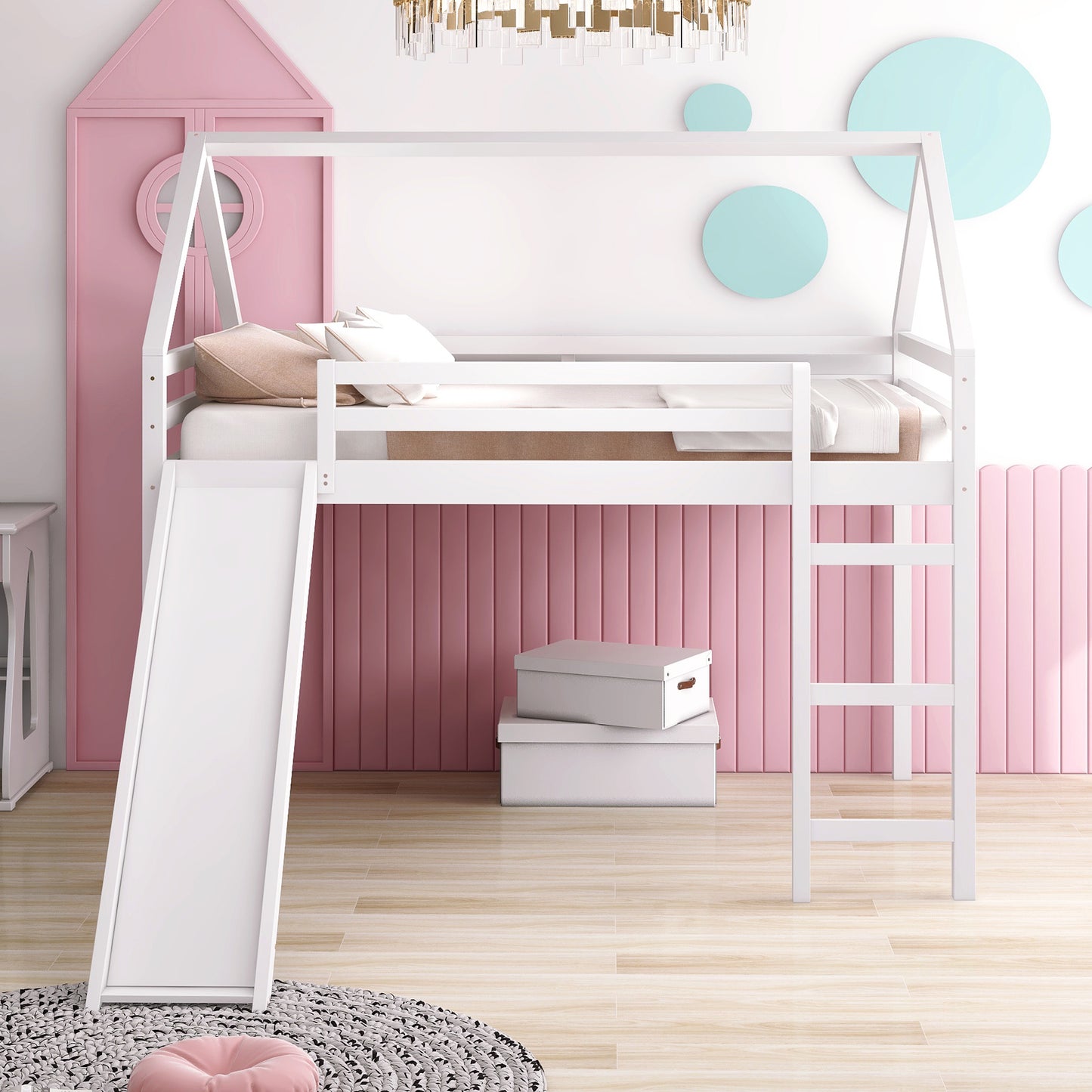 Full Size Loft Bed with Slide, House Bed with Slide,White(OLD SKU :WF281159AAK)