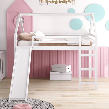 Full Size Loft Bed with Slide, House Bed with Slide,White(OLD SKU :WF281159AAK)