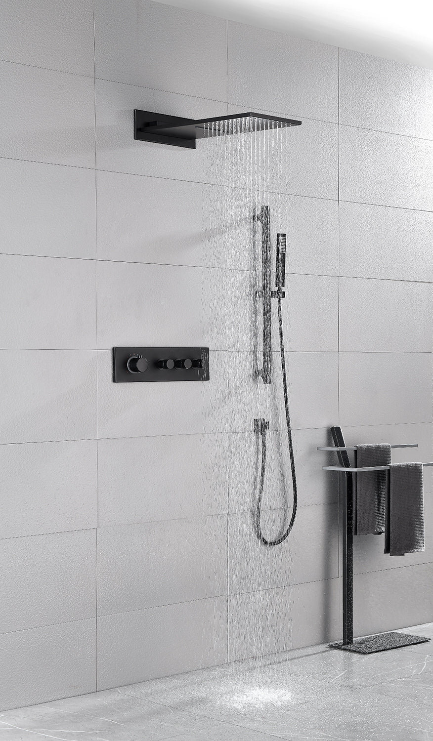 Shower System Square Bathroom Luxury Rain Mixer Shower Combo Set Pressure Balanced Shower System with Shower Head, Hand Shower, Slide Bar, Shower Arm, Hose, and Valve Trim