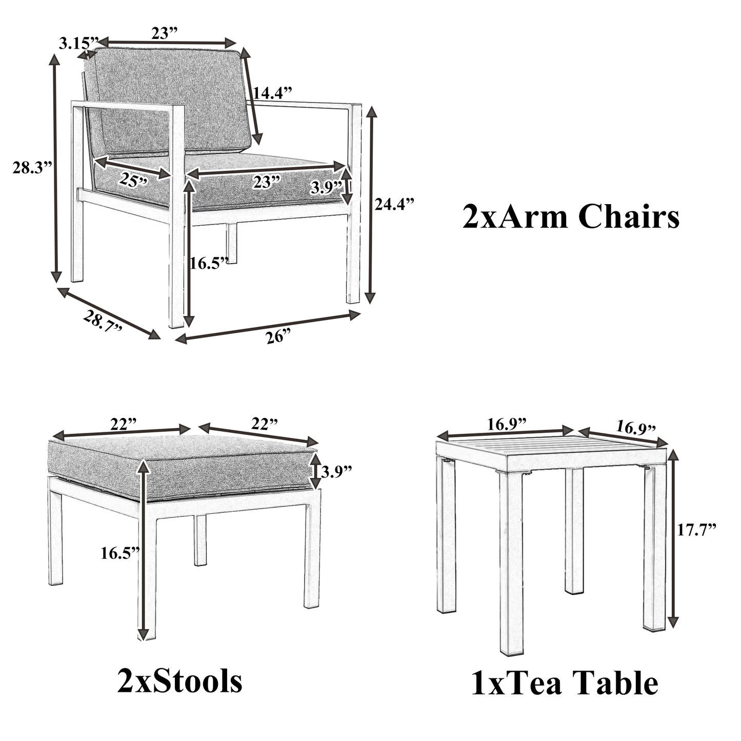 TOPMAX Outdoor Patio 5-piece Aluminum Alloy Conversation Set Sofa Set with Coffee Table and Stools for Poolside, Garden,Black Frame+Gray Cushion