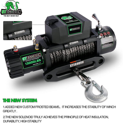 STEGODON New 13000 LBS Electric Winch T3,12V Synthetic Rope with Wireless Handheld Remotes and Wired Handle