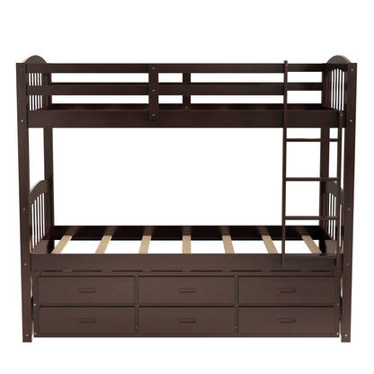 Twin over Twin Wood Bunk Bed with Trundle and Drawers, Espresso