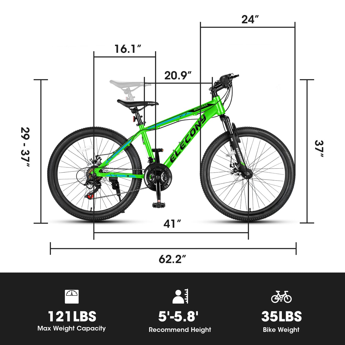 A24299 Rycheer Elecony 24 inch Mountain Bike Bicycle for Adults Aluminium Frame Bike Shimano 21-Speed with Disc Brake