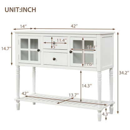 TREXM Sideboard Console Table with Bottom Shelf, Farmhouse Wood/Glass Buffet Storage Cabinet Living Room (White)