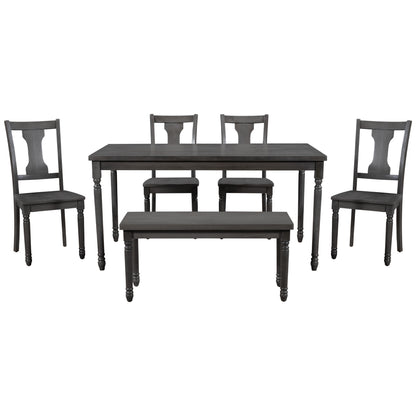 TREXM Classic Dining Set Wooden Table and 4 Chairs with Bench for Kitchen Dining Room, Gray (Set of 6)