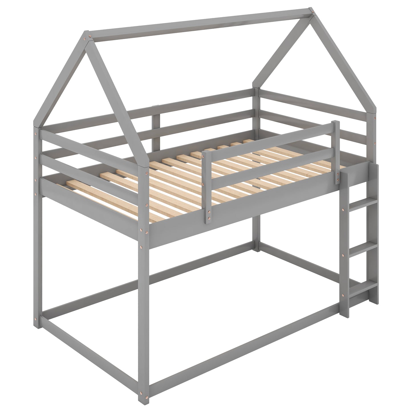 Twin over Twin Low Bunk Bed, House Bed with Ladder , Gray(OLD SKU:WF197808AAE)