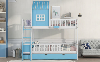 Twin over Twin Bunk Bed with Twin Size Trundle , Farmhouse Bed with Storage Box and Drawer - Blue