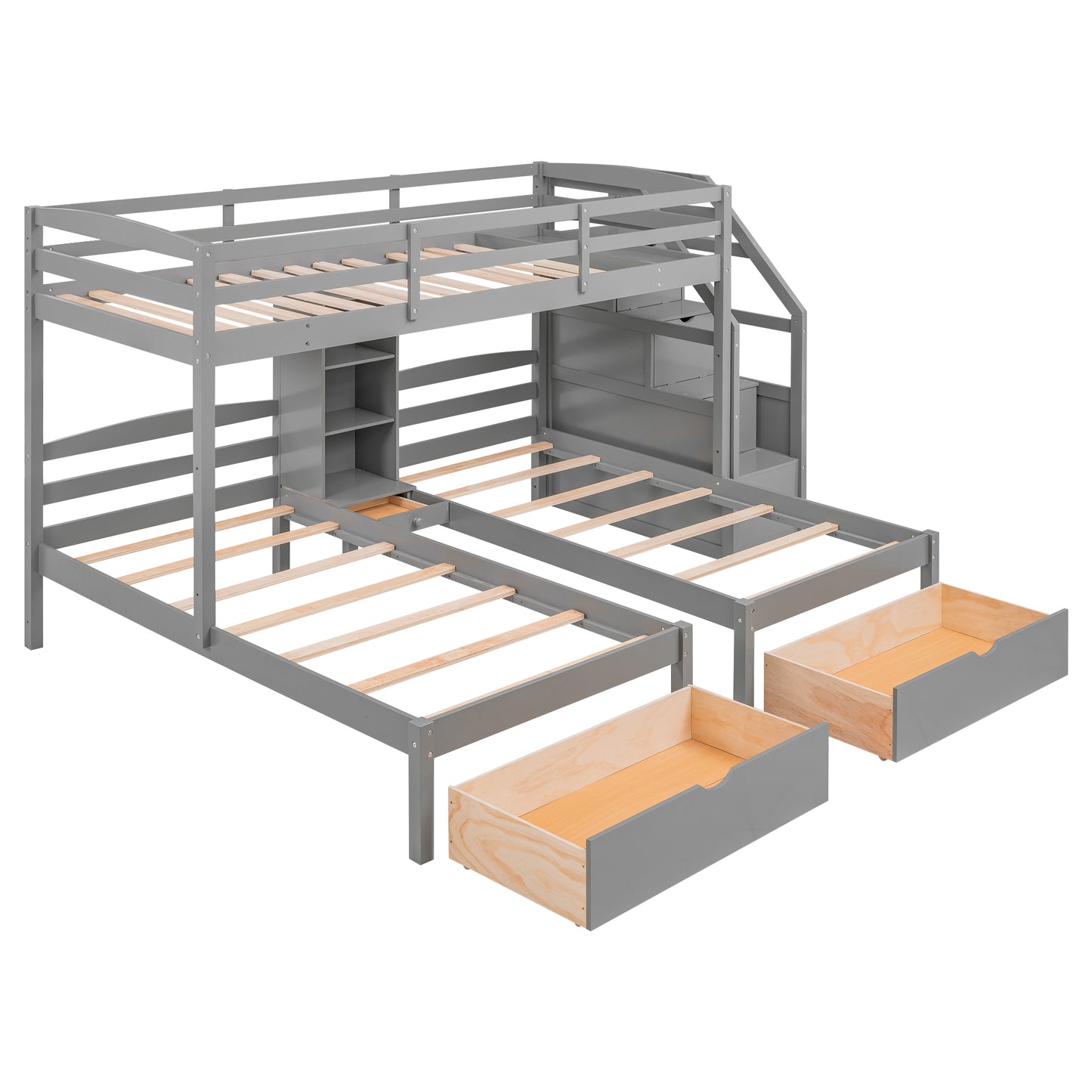 Twin over Twin&Twin Bunk Bed, Triple Bunk Bed with Drawers, Staircase with Storage, Built-in Shelves, Gray