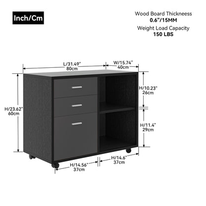 File Cabinet with 3 Drawer Mobile Lateral Filing Cabinet/Storage Cabinet for Home Office (Black & Dark Grey )