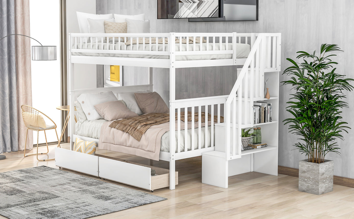 Full over Full Bunk Bed with Two Drawers and Storage, White