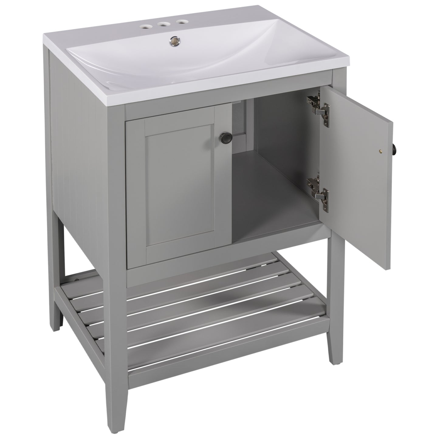 [VIDEO] 24" Grey Modern Sleek Bathroom Vanity Elegant Ceramic Sink with Solid Wood Frame Open Style Shelf (OLD SKU: JL000001AAE)