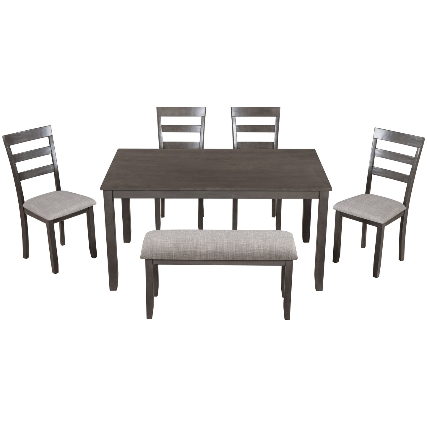 TREXM 6-Piece Kitchen Simple Wooden Dining Table and Chair with Bench, Fabric Cushion (Gray)