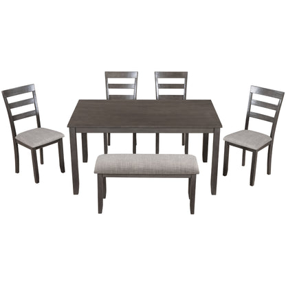 TREXM 6-Piece Kitchen Simple Wooden Dining Table and Chair with Bench, Fabric Cushion (Gray)