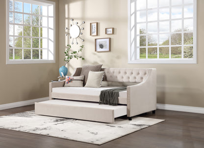 Daybed with Trundle Upholstered Tufted Sofa Bed, with Button and Copper Nail on Arms，both full Size Beige