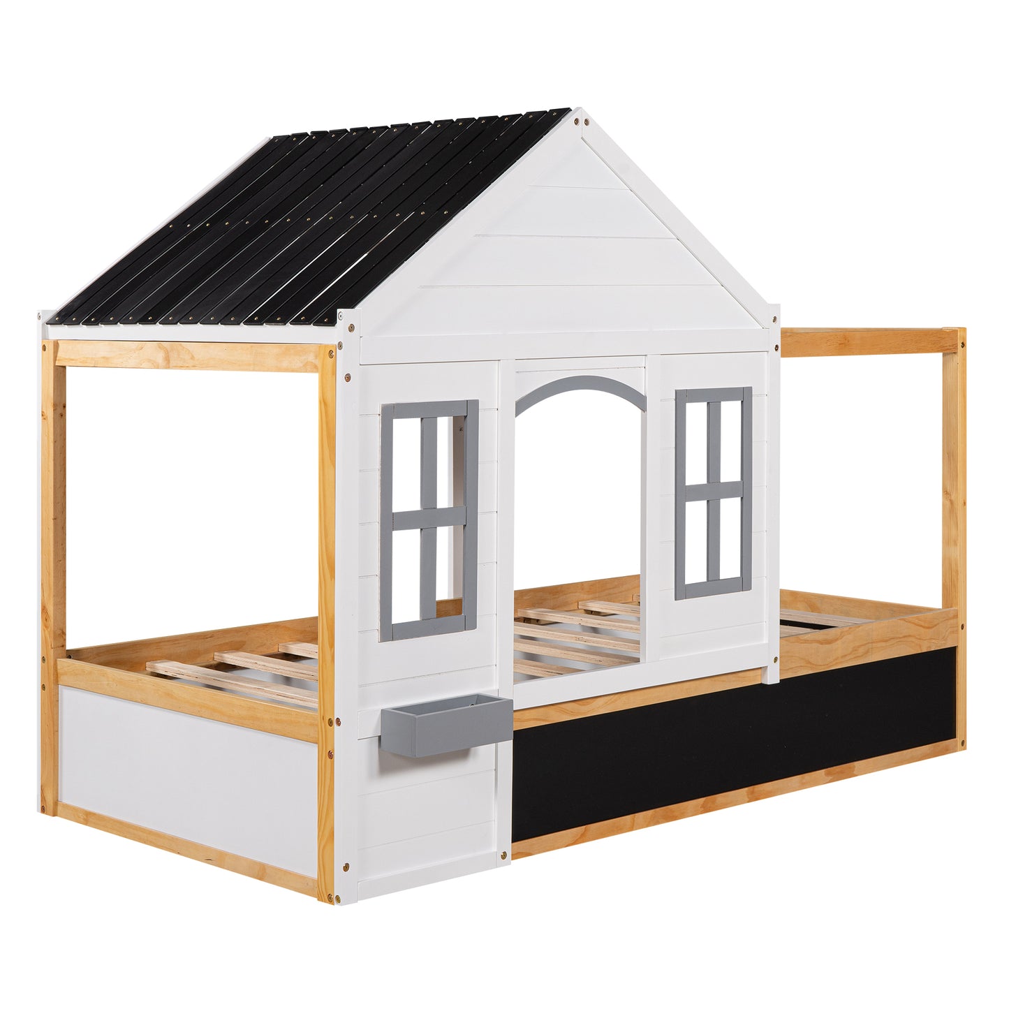 Twin Size House Shaped Canopy Bed with Black Roof and White Window,Blackboard and Little Shelf,White