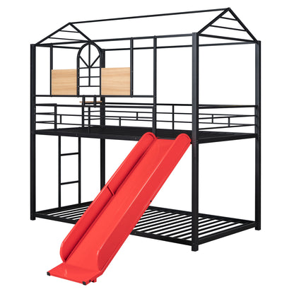 Twin Over Twin Metal Bunk Bed ,Metal Housebed With Slide,Three Colors Available.(Black with Red Slide)(OLD SKU :LP000095AAJ)