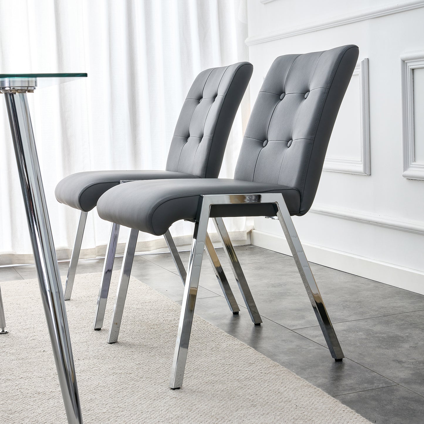 Grid shaped armless high back dining chair,2-piece set, office chair. Applicable to dining room, living room, kitchen and office.Dark Grey Chair and Electroplated metal leg