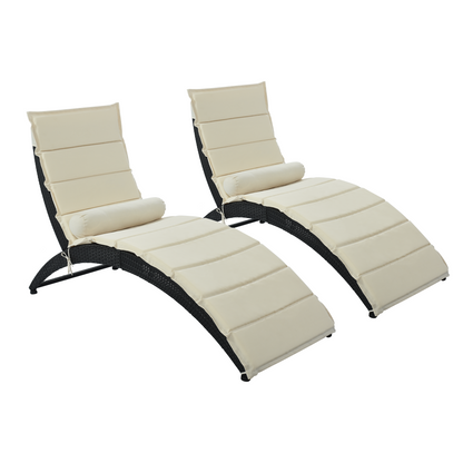 GO Patio Wicker Sun Lounger, PE Rattan Foldable Chaise Lounger with Removable Cushion and Bolster Pillow, Black Wicker and Beige Cushion (2 sets)