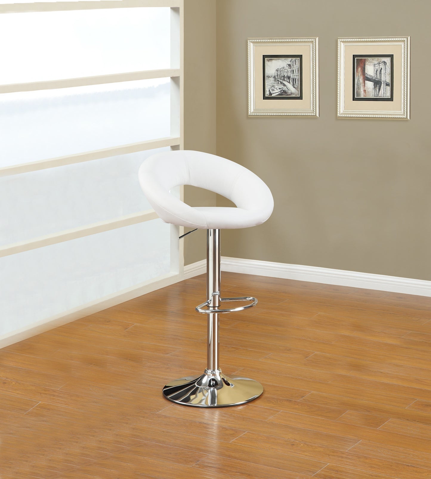 White Faux Leather Stool Adjustable Height Chairs Set of 2 Chair Swivel Design Chrome Base PVC Dining Furniture