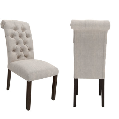 Fabric Upholstered Dining Chairs  In a Soft Beige Linen with Tufted Back And Solid Wood Legs, Set of 2