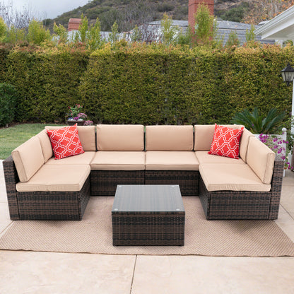 7Pcs Outdoor Garden Patio Furniture  PE Rattan Wicker  Sectional Cushioned Sofa Sets with 2 Pillows and Coffee Tablemodular sectional sofa sets