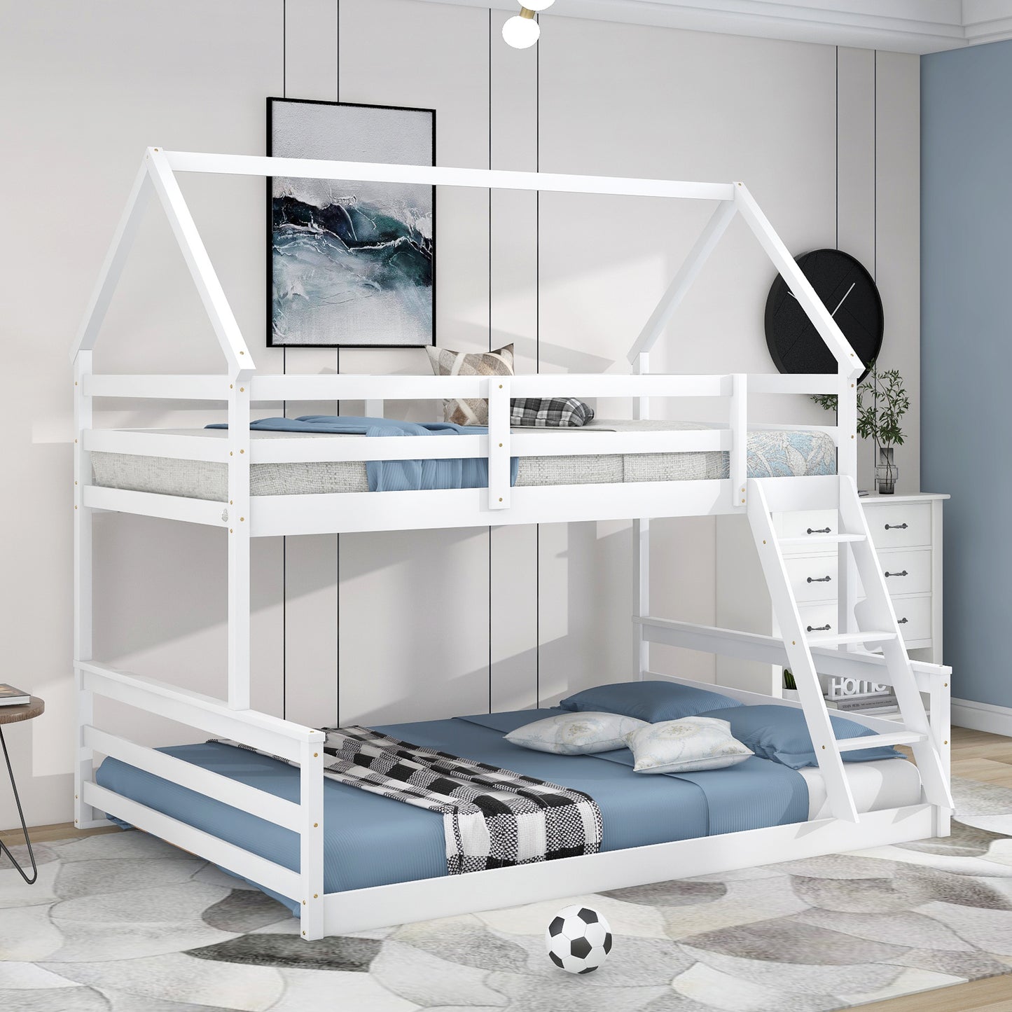 Twin over Full House Bunk Bed with Built-in Ladder,White