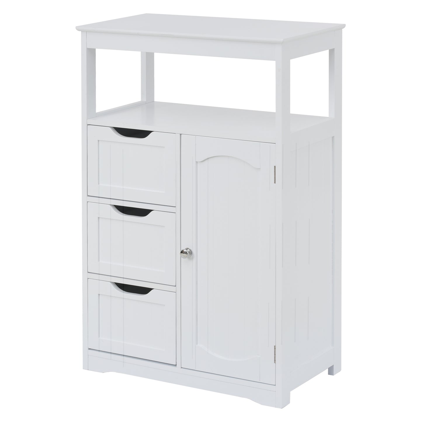 White Bathroom Cabinet, Freestanding Multi-Functional Storage Cabinet with Door and 3 Drawers, MDF Board with Painted Finish