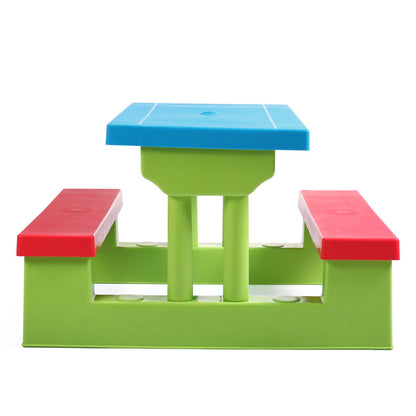 Kid Outdoor Picnic Table Set with Removable and Foldable Umbrella, Junior Activity Play Table with Bench, Multicolor